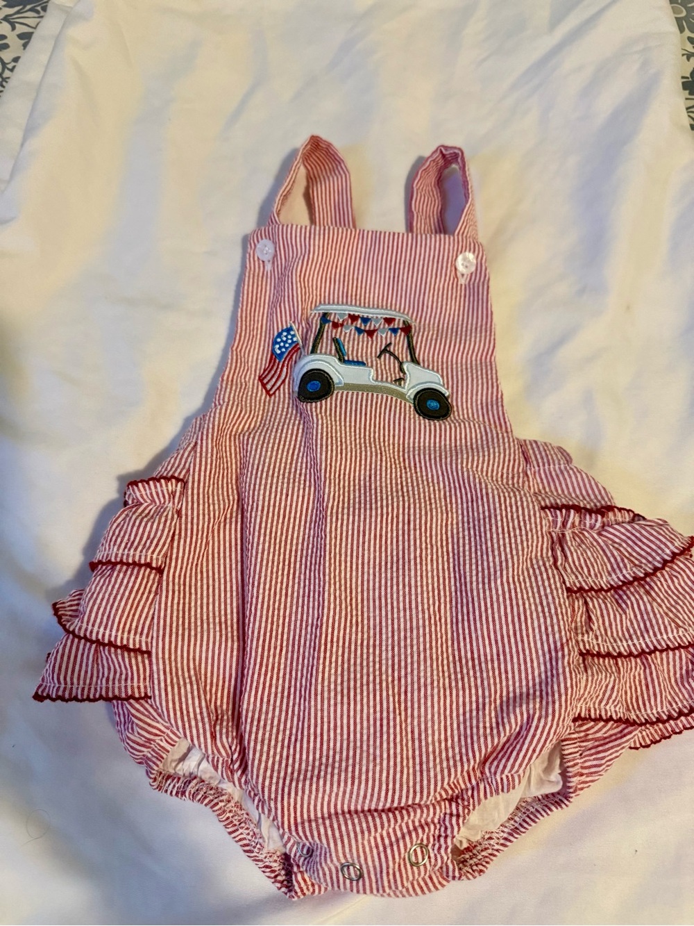 Red Seersucker Ruffle One-Piece Romper with Golf Cart Appliqué